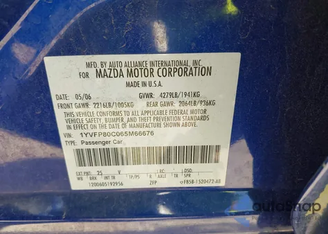 2006 Mazda Mazda6 I z USA, uszkodzony, nr VIN 1YVFP80C065M66676